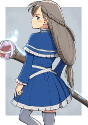 Rule 34 | 1girl, absurdres, arm at side, blue capelet, blue dress, blue eyes, blush, border, braid, capelet, closed mouth, commentary request, cowboy shot, dress, expressionless, french braid, frilled capelet, frilled sleeves, frills, from behind, grey background, grey hair, haldeco, highres, holding, holding staff, lawine (sousou no frieren), long hair, long sleeves, looking at viewer, looking back, mage staff, outside border, partial commentary, profile, simple background, solo, sousou no frieren, staff, standing, thighhighs, white border, white thighhighs