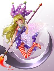 Rule 34 | 1girl, american flag dress, american flag legwear, blonde hair, butterfly wings, clownpiece, fire, hat, highres, insect wings, jester cap, kakiikada, long hair, pantyhose, scythe, solo, striped clothes, striped pantyhose, touhou, wings