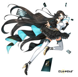 Rule 34 | 1girl, :d, ace (playing card), ace of diamonds, ace of hearts, ace of spades, anklet, bare shoulders, black bow, black dress, black footwear, black hair, black nails, black sleeves, blue eyes, blue ribbon, bow, bow legwear, breasts, card, clenched hand, closers, collared dress, copyright name, detached sleeves, diamond (shape), dress, fang, floating hair, frilled dress, frills, from side, full body, hair bow, hand up, heart, high heels, highres, jewelry, joker (playing card), juliet sleeves, large breasts, leg up, logo, long hair, long sleeves, looking at viewer, mary janes, nail polish, neck ribbon, official art, open mouth, outstretched arm, outstretched hand, playing card, puffy sleeves, reaching, reaching towards viewer, ribbon, running, shoes, sleeveless, sleeveless dress, sleeves past wrists, smile, solo, spade (shape), tachi-e, thighhighs, turning head, two-tone dress, very long hair, white background, white dress, white thighhighs, yuri seo, zettai ryouiki