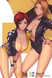 Rule 34 | 2girls, blonde hair, breasts, character name, cleavage, curvy, dead or alive, dead or alive 5, ibanen, large breasts, mila (doa), multiple girls, no bra, parasol, partially unzipped, race queen, red hair, spanish (nationality), tina armstrong, tomboy, umbrella, unzipped