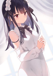 Rule 34 | 1girl, absurdres, arm strap, black bow, black bowtie, black hair, black ribbon, blush, bow, bowtie, closed mouth, detached sleeves, dress, dutch angle, ear piercing, earrings, hair ribbon, headdress, highres, jewelry, kashuu (pixiv 66328082), long hair, looking at viewer, original, own hands together, piercing, red eyes, ribbon, simple background, solo, stud earrings, white dress, white sleeves