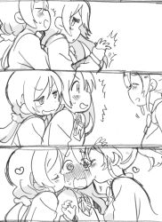 Rule 34 | &gt; &lt;, 3girls, @ @, ayase eli, blush, comic, girl sandwich, graphite (medium), greyscale, heart, hug, hug from behind, long hair, love live!, love live! school idol project, low-tied long hair, mezashi (mezamashi set), monochrome, multiple girls, otonokizaka school uniform, ponytail, sandwiched, school uniform, silent comic, sonoda umi, tojo nozomi, traditional media, upper body, white background, yuri