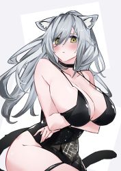 Rule 34 | 1girl, absurdres, alternate costume, animal ears, arknights, arms under breasts, black choker, black dress, blush, breast hold, breasts, cat ears, cat girl, cat tail, choker, cleavage, closed mouth, commentary, cowboy shot, crossed arms, dress, ears down, embarrassed, grey background, hair between eyes, highres, large breasts, long hair, looking at viewer, no bra, ponytail, schwarz (arknights), simple background, skindentation, sleeveless, sleeveless dress, solo, spaghetti strap, tail, thigh strap, white background, yellow eyes, yuteka (yute nut)