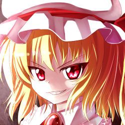 Rule 34 | 1girl, blonde hair, brooch, close-up, collared shirt, dei (dirmu), evil grin, evil smile, fang, flandre scarlet, grin, hat, jewelry, looking at viewer, lowres, mob cap, red eyes, shirt, short hair, smile, solo, touhou