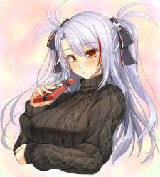 Rule 34 | 1girl, alternate costume, aran sweater, arm under breasts, azur lane, black ribbon, black sweater, box, breasts, cable knit, gekato, gift, gift box, hair ribbon, highres, holding, holding box, large breasts, long hair, looking at viewer, multicolored hair, orange eyes, prinz eugen (azur lane), red hair, ribbed sweater, ribbon, silver hair, simple background, solo, sweater, turtleneck, turtleneck sweater, two-tone hair