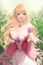 Rule 34 | 1girl, absurdres, armpit crease, bare shoulders, blonde hair, blush, breast suppress, breasts, cleavage, collarbone, commentary request, commission, dress, earrings, frilled dress, frills, hand on own chest, highres, jewelry, korean commentary, large breasts, leaf, lillly, long dress, long hair, looking at viewer, nature, necklace, off-shoulder dress, off shoulder, open mouth, original, outdoors, outstretched hand, plant, red eyes, short sleeves, sidelocks, smile, solo, strapless, strapless dress, teardrop, tears, teeth, two-tone dress, very long hair