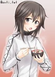 Rule 34 | 10s, 1girl, anti (untea9), black eyes, black hair, blush, bowl, chopsticks, food, frown, hayasui (kancolle), highres, jacket, kantai collection, long sleeves, looking at viewer, mochi, open mouth, red background, short hair, simple background, solo, steam, sweat, track jacket, twitter username, upper body, wagashi, white jacket, zouni soup