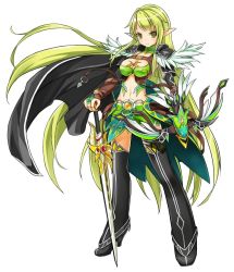 Rule 34 | 1girl, black footwear, blackjd83, boots, bow (weapon), breasts, cape, cleavage, elsword, full body, green eyes, green hair, green skirt, large breasts, long hair, matching hair/eyes, miniskirt, night watcher (elsword), official art, pointy ears, rena erindel, serious, skirt, solo, standing, sword, thigh boots, thighhighs, very long hair, weapon, white background