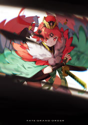 Rule 34 | 1girl, benienma (fate), benienma (third ascension) (fate), bridal gauntlets, copyright name, fate/grand order, fate (series), feather-trimmed sleeves, hat, highres, katana, red eyes, red hair, solo, sword, weapon, wide sleeves