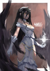 Rule 34 | 1girl, absurdres, albedo (overlord), bare shoulders, black hair, breasts, cleavage, dress, feathered wings, gloves, highres, hip vent, horns, krin (krinnin), long hair, magic, off shoulder, overlord (maruyama), solo, white dress, white gloves, wings, yellow eyes