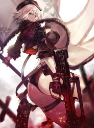 Rule 34 | 1girl, alternate costume, ass, back, beret, bikini, bikini bottom only, black bikini, black gloves, black hat, black jacket, breasts, bullpup, chain, clenched teeth, crop top, cropped jacket, fate/grand order, fate (series), flag, fur-trimmed jacket, fur trim, gloves, goomrrat, gun, hat, hip focus, jacket, jeanne d&#039;arc (fate), jeanne d&#039;arc alter (avenger) (fate), jeanne d&#039;arc alter (fate), large breasts, looking at viewer, looking back, short hair, silver hair, solo, swimsuit, teeth, thigh strap, thighs, weapon, yellow eyes