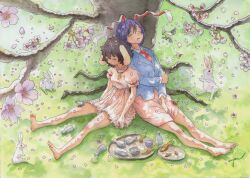Rule 34 | 2girls, alcohol, animal ears, barefoot, black hair, blazer, blue jacket, breasts, carrot, closed eyes, closed mouth, collared shirt, commentary request, dress, falling petals, floppy ears, flower, frilled dress, frills, full body, green bird, green pheasant, hanami, inaba tewi, jacket, long hair, long sleeves, medium bangs, multiple girls, necktie, open mouth, painting (medium), petals, pink dress, pink skirt, puffy short sleeves, puffy sleeves, purple hair, rabbit, rabbit ears, rabbit girl, red necktie, reisen udongein inaba, sake, shirt, short hair, short sleeves, signature, sitting, skirt, sleeping, small breasts, smile, spill, swept bangs, tokkuri, touhou, traditional media, tray, tree, under tree, uryan!, watercolor (medium), white flower, white shirt