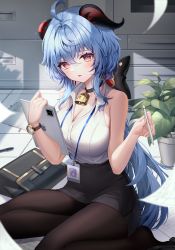 Rule 34 | 1girl, ahoge, bag, banned artist, bell, black pantyhose, black skirt, blue hair, blush, bow, breasts, cleavage, ganyu (genshin impact), genshin impact, highres, holding, holding stylus, horns, id card, indoors, ipad, long hair, looking at viewer, medium breasts, mellozzo, neck bell, office lady, pantyhose, parted lips, pen, pencil skirt, plant, potted plant, purple eyes, shirt, sidelocks, sitting, skirt, solo, stylus, tablet pc, white shirt, yokozuwari