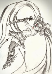 Rule 34 | 1girl, blade, hatsune miku, houtengeki, long hair, monochrome, pink eyes, red eyes, skirt, solo, spot color, thighhighs, traditional media, vocaloid