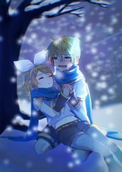 Rule 34 | 1boy, 1girl, arm warmers, aryuma772, bare shoulders, black collar, black shorts, blonde hair, blue eyes, blue scarf, bow, collar, commentary, countdown, crop top, crying, crying with eyes open, death, hair bow, hair ornament, hairclip, headphones, highres, holding hands, holding person, kagamine len, kagamine rin, kneeling, leg warmers, neckerchief, necktie, outdoors, sailor collar, scarf, school uniform, shirt, short hair, short ponytail, short shorts, short sleeves, shorts, sleeveless, sleeveless shirt, snow, soundless voice (vocaloid), swept bangs, tears, tree, vocaloid, white bow, white shirt, winter, yellow neckerchief