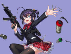 Rule 34 | 1girl, ahoge, black hair, black thighhighs, blue eyes, breasts, chuunibyou demo koi ga shitai!, commentary request, cross, explosive, eyepatch, frills, glock, grenade, gun, hair ribbon, handgun, holding, holding gun, holding weapon, jacket, kws, long sleeves, looking at viewer, one side up, open mouth, pink background, pistol, plaid, plaid skirt, red neckwear, red ribbon, ribbon, school uniform, short hair, simple background, skirt, small breasts, smile, solo, takanashi rikka, teeth, thighhighs, upper teeth only, weapon, yellow ribbon