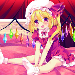 Rule 34 | 1girl, :d, alternate costume, bed, between legs, blonde hair, blush, bow, crystal, curtains, dress, fang, flandre scarlet, frilled dress, frilled sleeves, frills, hair between eyes, hand between legs, hat, hat ribbon, highres, indoors, looking at viewer, medium hair, miyasu risa, mob cap, on bed, one side up, open mouth, pink eyes, pom pom (clothes), puffy short sleeves, puffy sleeves, red dress, red ribbon, ribbon, short dress, short sleeves, sitting, smile, socks, solo, touhou, v arms, white socks, wings