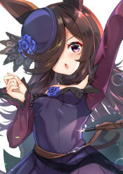 Rule 34 | 1girl, animal ears, arm up, blue flower, blue rose, breasts, brown hair, chestnut mouth, commentary request, dagger, dress, flower, hair over one eye, highres, horse ears, horse girl, knife, long sleeves, looking at viewer, meyamu, open mouth, purple dress, purple eyes, purple headwear, rice shower (umamusume), rose, sheath, sheathed, simple background, small breasts, solo, tilted headwear, umamusume, weapon, white background