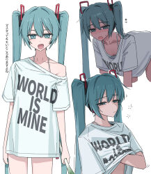 Rule 34 | 1girl, all fours, aqua eyes, aqua hair, blush, bra, channel ( caststation), closed mouth, clothes writing, collarbone, commentary request, dot nose, fang, hair between eyes, hatsune miku, hatsune miku (vocaloid4), headset, highres, long hair, long shirt, looking at viewer, multiple views, no pants, open mouth, scratching, shirt, sidelocks, simple background, spring onion, squeans, striped bra, striped clothes, sweatdrop, twintails, underwear, v4x, very long hair, vocaloid, white background, white shirt, world is mine (vocaloid)