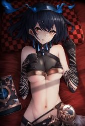 Rule 34 | 1girl, absurdres, alice (sinoalice), bare shoulders, blue hair, book, breasts, brown eyes, crop top, duplicate, groin, hands up, has bad revision, has downscaled revision, headband, highres, looking at viewer, lying, md5 mismatch, medium breasts, midriff, navel, on back, parted lips, pillow, resolution mismatch, revealing clothes, revision, short hair, sinoalice, sleeveless, snm (sunimi), solo, source smaller, stomach, tattoo, underboob, upper body