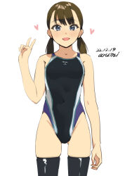 Rule 34 | 1girl, :d, baba arumi, black thighhighs, blue eyes, blush, breasts, brown hair, competition swimsuit, covered navel, heart, long hair, looking at viewer, one-piece swimsuit, open mouth, original, small breasts, smile, solo, swimsuit, thighhighs, twintails, v
