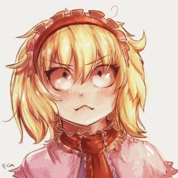 Rule 34 | &gt;:&lt;, 1girl, :&lt;, alice margatroid, bad id, bad vkontakte id, blonde hair, blue eyes, blush, capelet, closed mouth, collar, fly-gray, frilled collar, frilled shirt collar, frills, grey background, hairband, highres, looking up, necktie, portrait, red necktie, short hair, simple background, solo, touhou, triangle mouth, upper body, v-shaped eyebrows, white background