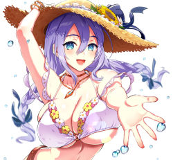 Rule 34 | 1girl, :d, arm up, bikini, blue eyes, bracelet, braid, breasts, choker, floating hair, flower, hair between eyes, hair ribbon, hand on headwear, hat, hat flower, hat ribbon, jewelry, kojima saya, large breasts, looking at viewer, necklace, open hand, open mouth, outstretched arm, princess connect!, purple hair, ribbon, shadow, shizuru (princess connect!), shizuru (summer) (princess connect!), simple background, smile, solo, strap slip, straw hat, sun hat, sunflower, swimsuit, twin braids, upper body, water drop, white background
