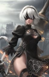 Rule 34 | 1girl, athenawyrm, black dress, black hairband, blindfold, breasts, cleavage cutout, closed mouth, clothing cutout, covered eyes, cowboy shot, dress, facing viewer, feather-trimmed sleeves, hairband, highleg, highleg leotard, juliet sleeves, leotard, long sleeves, medium breasts, nier (series), nier:automata, puffy sleeves, short hair, solo, thighhighs, vambraces, white hair, white leotard, 2b (nier:automata)