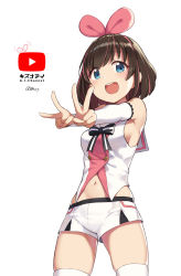 Rule 34 | 1girl, :d, alternate hair length, alternate hairstyle, bare shoulders, black ribbon, blue eyes, blush, breasts, brown hair, cloba, copyright name, cowboy shot, detached sleeves, double v, from below, hair ribbon, highres, kizuna ai, kizuna ai inc., legs together, long sleeves, looking at viewer, looking down, medium breasts, multicolored hair, navel, open mouth, outstretched arms, pink hair, pink ribbon, ribbon, round teeth, shirt, short hair, short shorts, shorts, sideboob, signature, simple background, skindentation, smile, solo, standing, stomach, tareme, teeth, thighhighs, thighs, two-tone hair, v, virtual youtuber, white background, white shirt, white shorts, white thighhighs, youtube