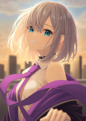 Rule 34 | 1girl, absurdres, backlighting, bare shoulders, black choker, black jacket, blue eyes, blurry, blurry background, breasts, choker, cityscape, collared shirt, depth of field, dusk, grey hair, grin, highres, jacket, kaga sumire, long sleeves, looking at viewer, necktie, ochiai miyabi, off shoulder, open clothes, open jacket, shirt, short hair, sleeveless, sleeveless shirt, small breasts, smile, solo, upper body, virtual youtuber, vspo!, white shirt