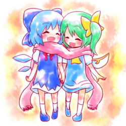Rule 34 | 2girls, ayakashi (monkeypanch), blue hair, blush, cirno, daiyousei, embodiment of scarlet devil, closed eyes, fairy wings, female focus, green hair, holding hands, ice, ice wings, kneehighs, multiple girls, scarf, shared clothes, shared scarf, short hair, side ponytail, smile, socks, touhou, wings
