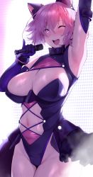 Rule 34 | 1girl, absurdres, animal ear fluff, animal ears, arm up, armor, armpits, backlighting, bare shoulders, black leotard, black skirt, blush, breasts, cat ears, cleavage, cleavage cutout, clothing cutout, collar, elbow gloves, fate/grand order, fate (series), faulds, gloves, hair over one eye, heart, heart in eye, highleg, highleg leotard, highres, idol, kurowa, large breasts, leotard, light purple hair, looking at viewer, mash kyrielight, metal collar, microphone, music, navel, navel cutout, one eye closed, open mouth, purple eyes, purple gloves, short hair, singing, skirt, smile, solo, sweat, symbol in eye, thighs, tongue