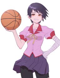 Rule 34 | 1girl, ball, bandaged arm, bandages, basketball, basketball (object), bike shorts, bike shorts under skirt, black hair, breasts, brown eyes, cowboy shot, grin, hand on own hip, hand up, highres, holding, holding ball, kanbaru suruga, looking at viewer, medium breasts, monogatari (series), naoetsu high school uniform, pink shirt, pleated skirt, puffy short sleeves, puffy sleeves, purple skirt, ribbon, school uniform, shimizu tomoki, shirt, short hair, short sleeves, simple background, skirt, smile, solo, standing, tomboy, white background, wind, wind lift, yellow ribbon