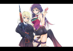 Rule 34 | 10s, 2girls, arched back, ass, ayase eli, belt, black gloves, blonde hair, blue eyes, blush, bow, bowtie, breasts, card, closed mouth, collared shirt, fishnet legwear, fishnets, formal, frills, gloves, gradient hair, gun, hair ornament, hair scrunchie, hand on another&#039;s ass, holding, holding card, kneeling, large breasts, letterboxed, long hair, long sleeves, looking at viewer, love live!, love live! school idol festival, love live! school idol project, miniskirt, multicolored hair, multiple girls, pants, pencil skirt, petals, ponytail, purple hair, red bow, rifle, scrunchie, shirt, simple background, sitting, skirt, sleeveless, smile, striped clothes, striped pants, striped shirt, striped suit, suit, swept bangs, takano saku, thighhighs, tojo nozomi, traditional bowtie, twintails, weapon, white background, yuri