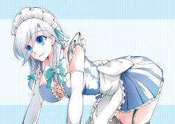 Rule 34 | 1girl, adapted costume, apron, aqua bow, aqua bowtie, aqua ribbon, bad id, bad pixiv id, bare shoulders, black thighhighs, blue background, blue dress, blue eyes, bow, bowtie, braid, breasts, center frills, commentary request, cross-laced clothes, dress, elbow gloves, frilled apron, frills, garter straps, gloves, hair between eyes, hair bow, hair ribbon, izayoi sakuya, large breasts, maid, maid apron, maid headdress, parted lips, petticoat, pleated dress, ribbon, shibi1902, short dress, short hair, silver hair, skindentation, smile, solo, thighhighs, thighs, touhou, twin braids, waist apron, white apron, white gloves