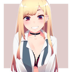 Rule 34 | 1girl, absurdres, black collar, blonde hair, blush, bra, breasts, breasts squeezed together, choker, cleavage, collar, collarbone, collared shirt, ear piercing, earrings, gradient hair, grin, hayashi custom, highres, jewelry, kitagawa marin, lace, lace-trimmed bra, lace trim, long hair, looking at viewer, medium breasts, multicolored hair, open clothes, open shirt, piercing, red eyes, red hair, shirt, smile, solo, sono bisque doll wa koi wo suru, swept bangs, underwear, white shirt