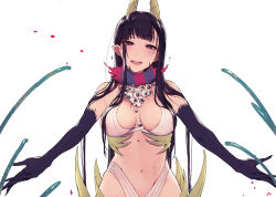 Rule 34 | 1girl, ane naru mono, black hair, blush, breasts, chiyo (ane naru mono), demon girl, elbow gloves, eyeball, gloves, horns, large breasts, long hair, looking at viewer, mole, mole under eye, navel, open mouth, outstretched arms, pochi (pochi-goya), purple eyes, smile, solo, spread arms, tentacles, upper body, very long hair, white background