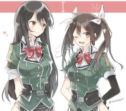 Rule 34 | 10s, 2girls, arms behind back, bare hips, black hair, blush, bow, bowtie, breath, brown eyes, brown hair, chibirisu, chikuma (kancolle), elbow gloves, gloves, hair between eyes, hair bow, hair ribbon, heart, height difference, jacket, kantai collection, long hair, looking at another, multiple girls, one eye closed, open mouth, pelvic curtain, remodel (kantai collection), ribbon, short sleeves, side slit, simple background, single elbow glove, skirt, smile, tone (kancolle), twintails, twitter username