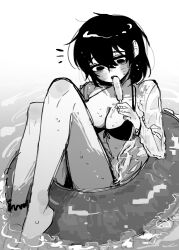 Rule 34 | 1girl, anklet, bikini, blush, breasts, food, genderswap, genderswap (mtf), greyscale, hand up, highres, holding, holding food, innertube, jacket, jewelry, large breasts, limbus company, long sleeves, medium hair, monochrome, open mouth, pmchell 04, popsicle, project moon, see-through, see-through jacket, sketch, solo, sweat, swim ring, swimsuit, wet, yi sang (project moon)
