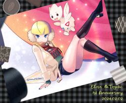 Rule 34 | 1girl, anniversary, arm support, black footwear, blonde hair, boots, character name, coat, commentary request, creatures (company), dated, earmuffs, elesa (palentine&#039;s 2023) (pokemon), elesa (pokemon), game freak, gen 2 pokemon, knee boots, knees together feet apart, leaning, looking to the side, memo14030037, nail polish, nintendo, official alternate costume, open clothes, open coat, pokemon, pokemon (creature), pokemon masters ex, red scarf, scarf, short hair, sitting, thighs, togetic