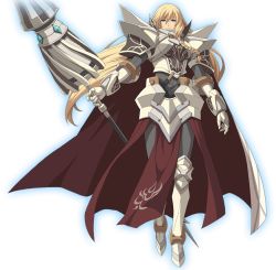 Rule 34 | 1girl, aqua eyes, arianrhod (eiyuu densetsu), armor, blonde hair, cape, full body, gauntlets, gloves, holding, holding weapon, long hair, simple background, solo, spear, weapon, white background