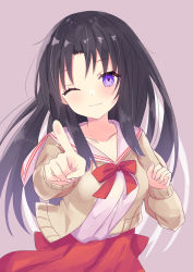 Rule 34 | 1girl, ;), absurdres, black hair, bow, breasts, brown cardigan, cardigan, closed mouth, commentary request, highres, hizaka, kawana misaki, long hair, long sleeves, looking at viewer, one - kagayaku kisetsu e, one eye closed, open cardigan, open clothes, parted bangs, pleated skirt, pointing, pointing at viewer, purple background, purple eyes, red bow, red skirt, sailor collar, school uniform, serafuku, shirt, simple background, skirt, small breasts, smile, solo, very long hair, white sailor collar, white shirt