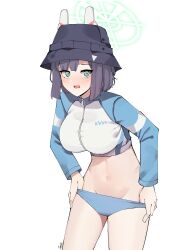 Rule 34 | 1girl, absurdres, bikini, bikini bottom only, black hair, black headwear, blue archive, blue bikini, blue eyes, breasts, commentary, cropped jacket, gar32, groin, halo, headgear, highres, jacket, large breasts, leaning forward, looking at viewer, navel, official alternate costume, open mouth, raglan sleeves, saki (blue archive), saki (swimsuit) (blue archive), short hair, signature, simple background, solo, standing, stomach, swimsuit, wavy mouth, white background, white jacket