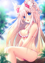 Rule 34 | 1girl, :d, absurdres, animal ear fluff, animal ears, bare legs, bare shoulders, between legs, bikini, blue eyes, blue sky, blurry, blurry background, bow, bow bikini, braid, breasts, brown hair, cat ears, cleavage, commentary request, day, fang, frilled bikini, frills, hair ornament, hair ribbon, hand between legs, highres, ko yu, leaf, light particles, long hair, looking at viewer, medium breasts, open mouth, original, outdoors, pink bikini, ribbon, sidelocks, sitting, sky, smile, solo, sun, swimsuit, thighs, tree