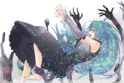 Rule 34 | 1girl, aqua eyes, aqua hair, bad id, bad pixiv id, barefoot, blush, bridal gauntlets, dress, hatsune miku, long hair, open mouth, outstretched arms, outstretched hand, shadow, tears, twintails, very long hair, vocaloid, yuuzuki (re&#039;ef)