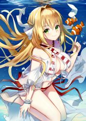 Rule 34 | 1girl, :d, ahoge, air bubble, arm at side, bare shoulders, barefoot, beach, bikini, blonde hair, braid, breasts, bubble, cleavage, closed mouth, clothing cutout, clownfish, commentary request, cowboy shot, criss-cross halter, day, dress, earrings, fate/grand order, fate (series), fingernails, fish, floating hair, french braid, gown, green eyes, groin, hair bun, hair intakes, hair ornament, halterneck, hand up, index finger raised, jewelry, knees up, large breasts, legs together, long fingernails, long hair, looking at viewer, medium breasts, navel, nero claudius (fate), nero claudius (fate) (all), nero claudius (swimsuit caster) (fate), nero claudius (swimsuit caster) (third ascension) (fate), off shoulder, open mouth, pointing, red bikini, ry thae, seize, short sleeves, shoulder cutout, side-tie bikini bottom, sidelocks, smile, solo, strap slip, striped bikini, striped clothes, swimsuit, twintails, underwater, very long hair, water, white bikini