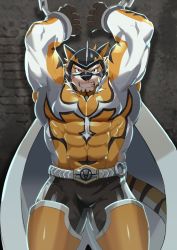 Rule 34 | 1boy, absurdres, animal ears, armpits, bara, belt, black pants, bodysuit, bound, bound arms, bulge, cape, covered abs, covered navel, facial hair, feet out of frame, furry, furry male, goatee, highres, live a hero, looking at viewer, male focus, mask, muscular, muscular male, neumo, orange bodysuit, paid reward available, pants, pectorals, ryekie (live a hero), short hair, skin tight, solo, standing, tail, thick thighs, thighs, tiger boy, tiger ears, tiger tail, white cape