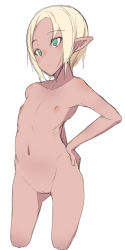 Rule 34 | 1girl, aqua eyes, blonde hair, contrapposto, dark skin, dark-skinned female, flat color, gluteal fold, groin, hand on own hip, maze (gochama ze gohan), navel, nipples, nude, pointy ears, pussy, short hair, simple background, sketch, solo, standing, uncensored, white background