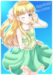 Rule 34 | 1girl, ;), bag, bare arms, bare shoulders, blonde hair, blue background, blunt bangs, blush, bow, bracelet, chain, character name, closed mouth, commentary request, fingernails, green eyes, green shirt, green skirt, hair bow, handbag, happy birthday, highres, idolmaster, idolmaster cinderella girls, jewelry, long hair, looking at viewer, mary cochran, one eye closed, pink background, pleated skirt, regular mow, shirt, shoulder bag, skirt, sleeveless, sleeveless shirt, smile, solo, very long hair