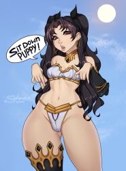 Rule 34 | absurdres, armor, artist name, artist self-insert, bikini armor, black hair, earrings, english text, fate/grand order, fate (series), femdom, hair ribbon, highres, ishtar (fate), jewelry, long hair, navel, pointing, pointing down, red eyes, ribbon, satanya, single thighhigh, solo, thighhighs, twintails